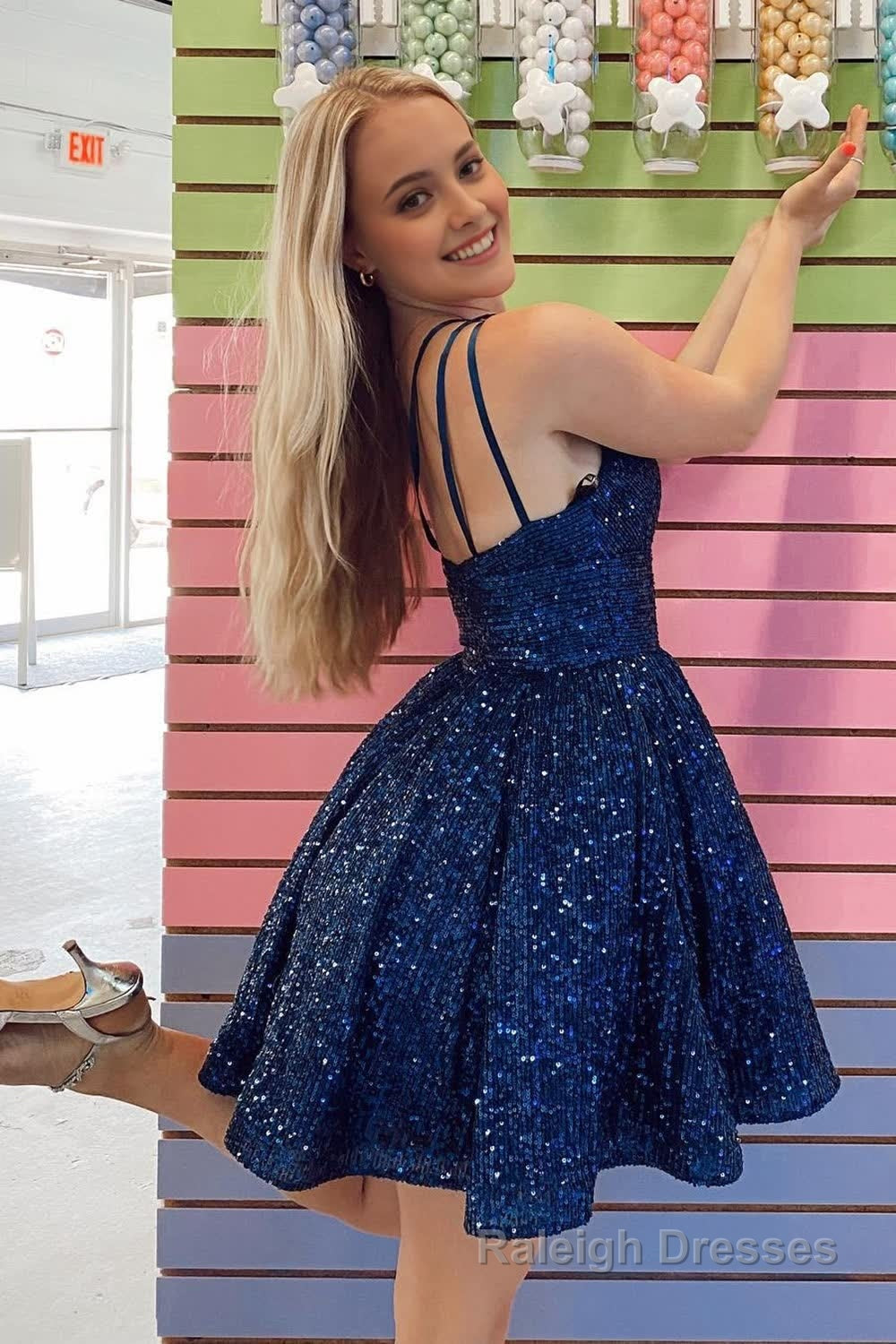 Navy Sequins One Shoulder A Line Short Homecoming Dress