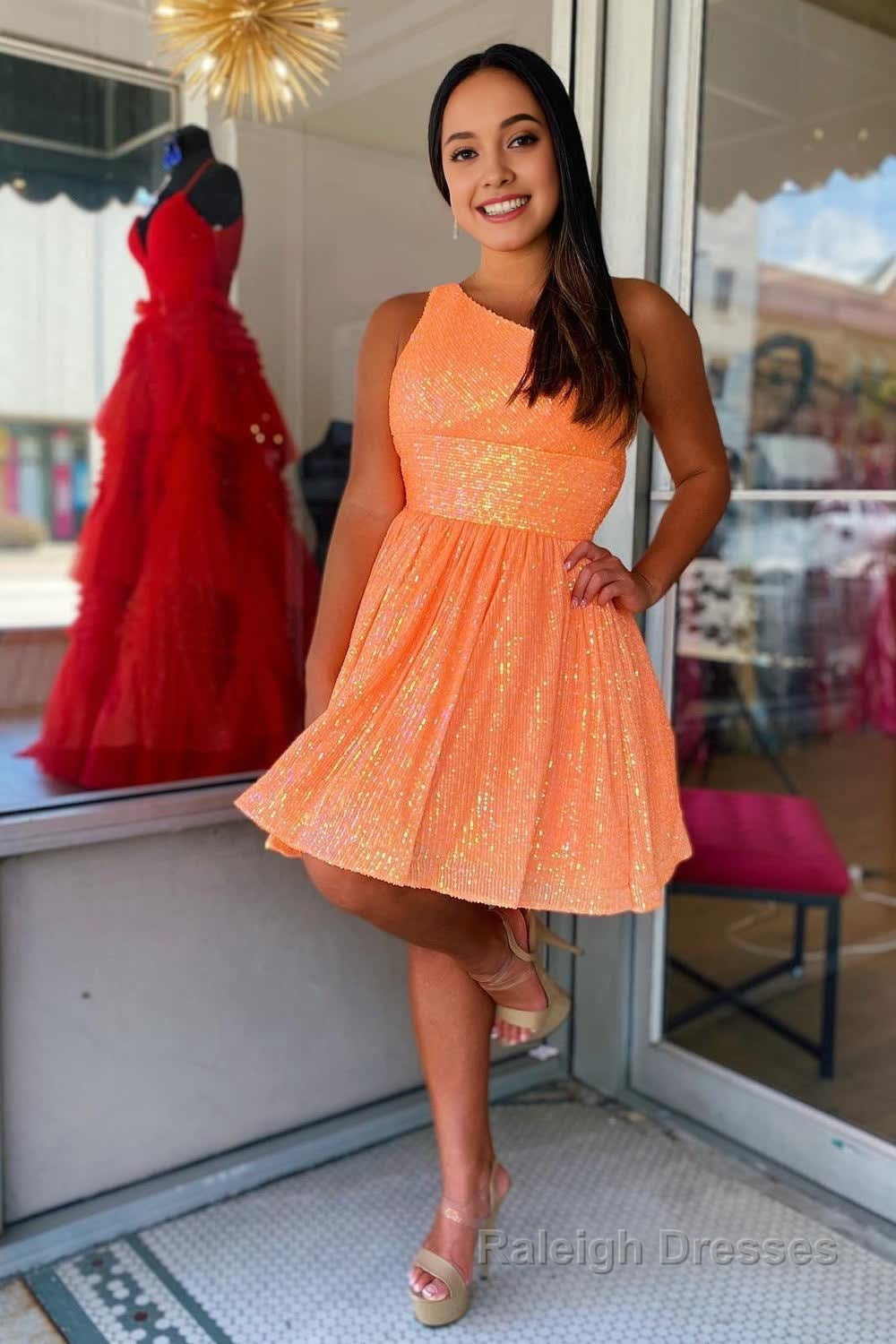 Navy Sequins One Shoulder A Line Short Homecoming Dress