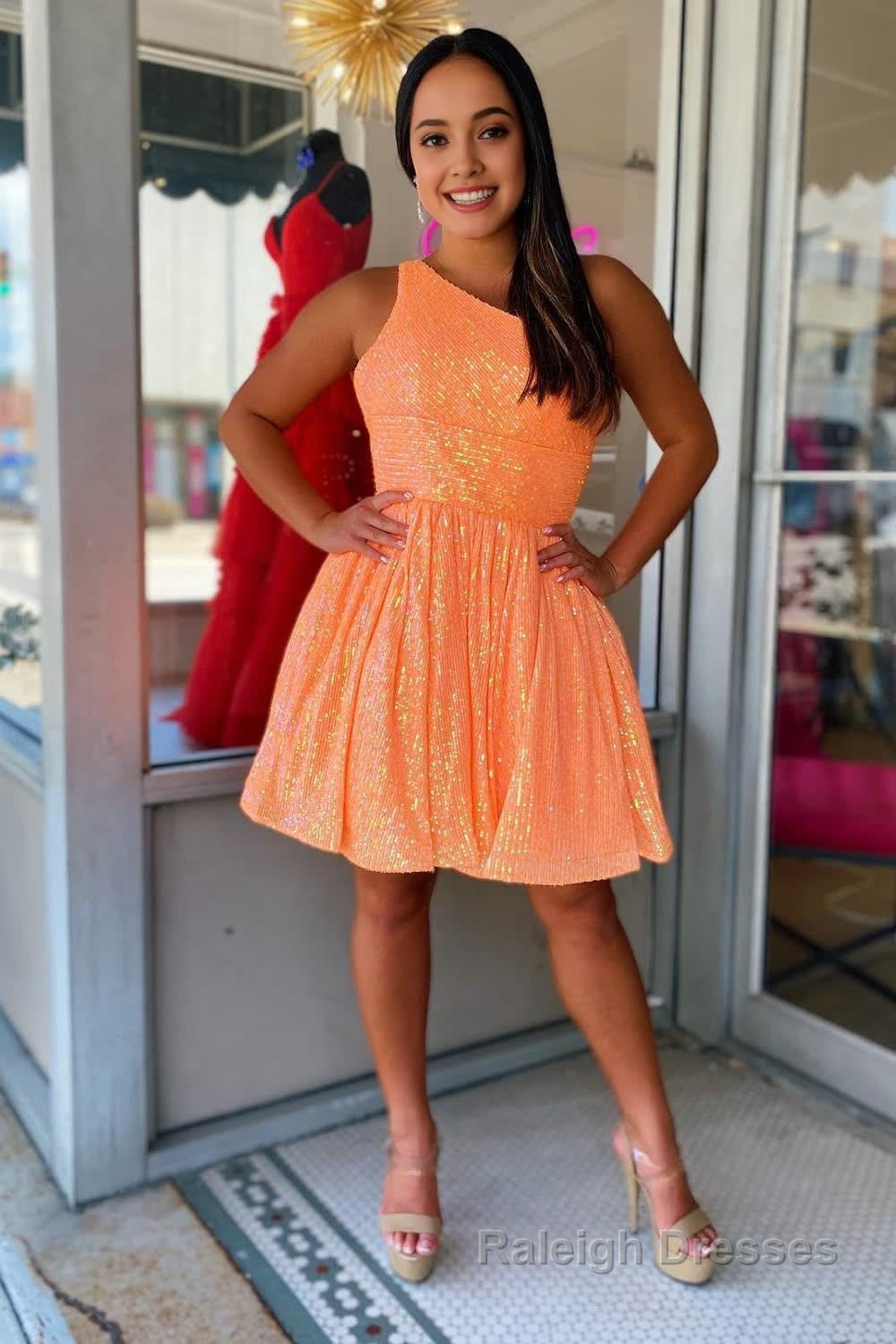 Navy Sequins One Shoulder A Line Short Homecoming Dress