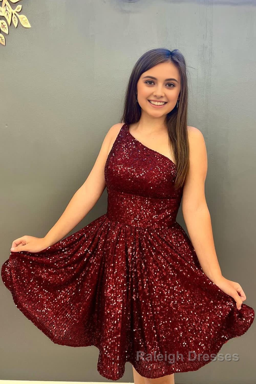 Navy Sequins One Shoulder A Line Short Homecoming Dress