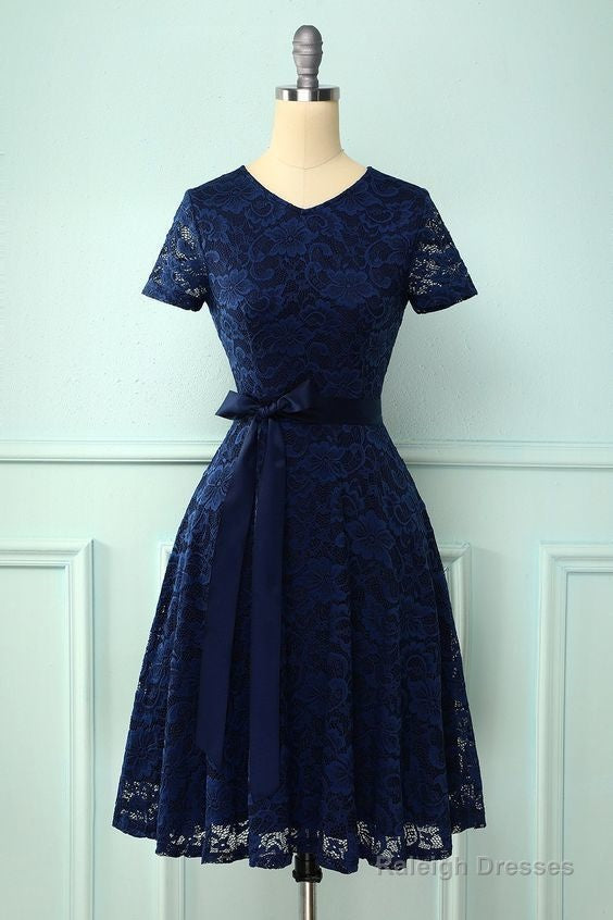 Navy Short Sleeves Lace Homecoming Dress