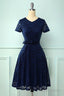 Navy Short Sleeves Lace Homecoming Dress