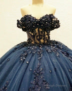 Navy Tulle Corset Dresses With 3D Lace Flowers