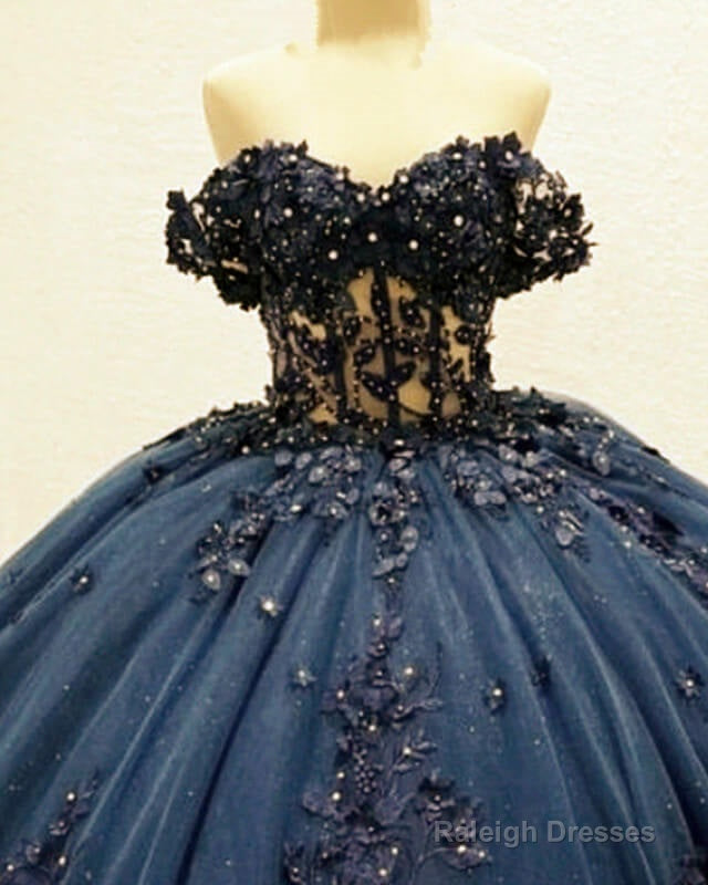 Navy Tulle Corset Dresses With 3D Lace Flowers