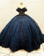 Navy Tulle Corset Dresses With 3D Lace Flowers