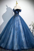 Navy Velvet And Tulle Long Prom Dress, Elegant Off The Shoulder Party Dress