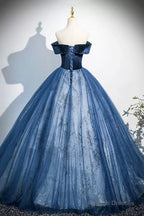 Navy Velvet And Tulle Long Prom Dress, Elegant Off The Shoulder Party Dress