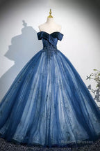 Navy Velvet And Tulle Long Prom Dress, Elegant Off The Shoulder Party Dress