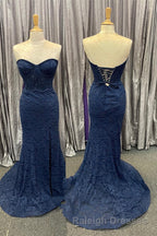 Mint Green Lace Strapless Mermaid  Long Prom Dress with Slit