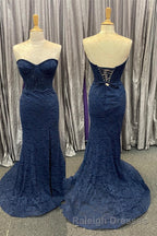 Mint Green Lace Strapless Mermaid Prom Dresses Long with Slit