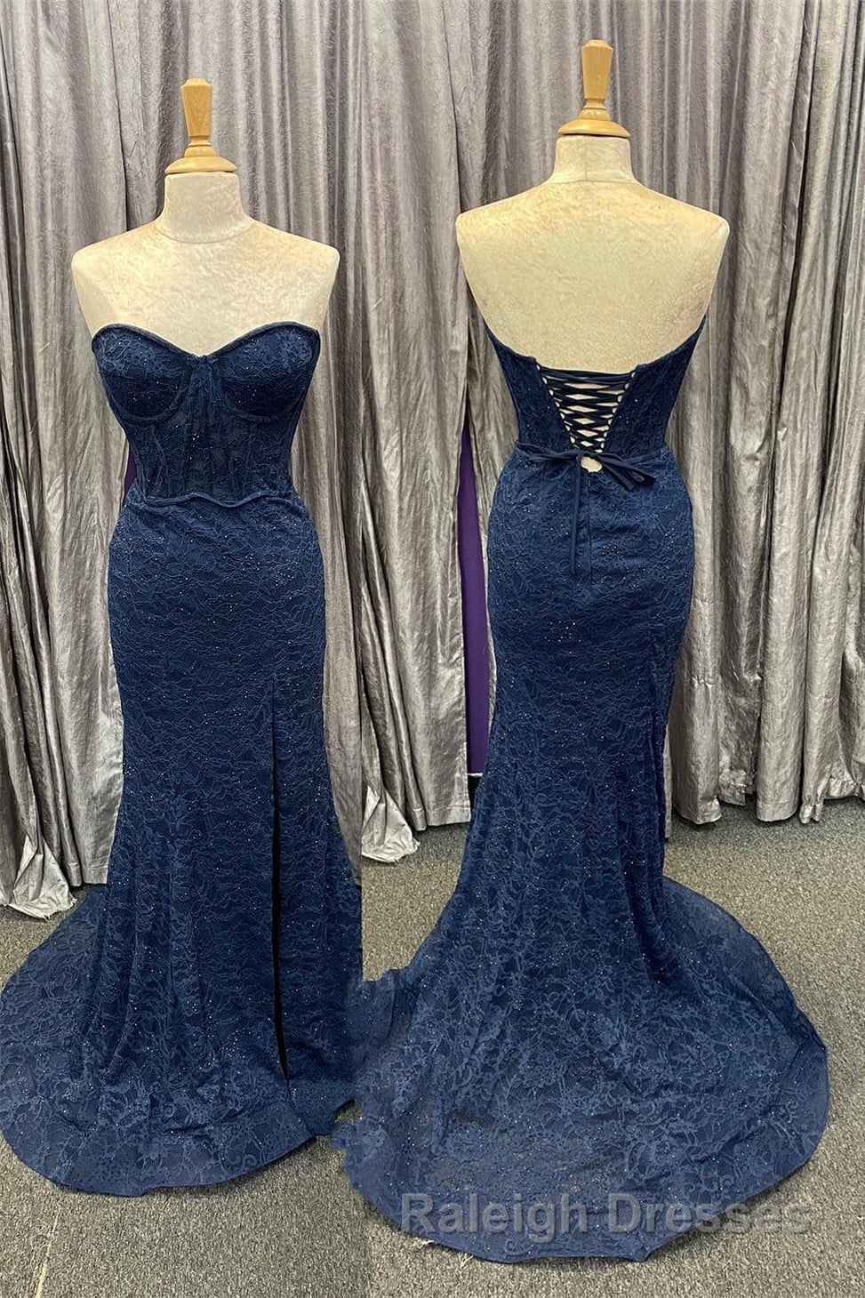 Mint Green Lace Strapless Mermaid Prom Dresses Long with Slit