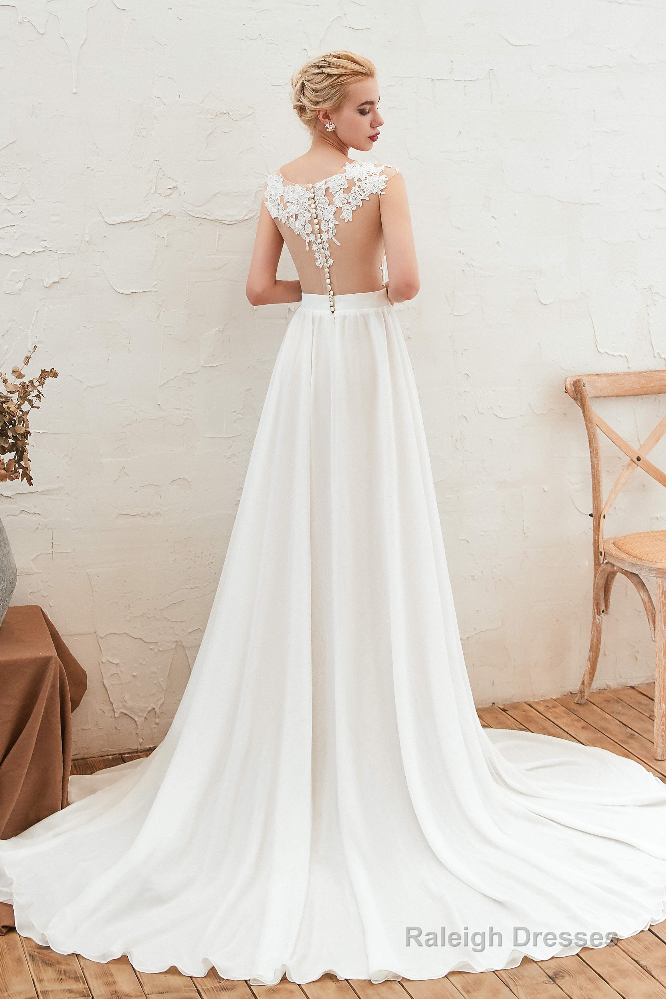 Neck Lace Top White Wedding Dresses with Slit