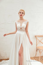 Neck Lace Top White Wedding Dresses with Slit