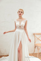 Neck Lace Top White Wedding Dresses with Slit