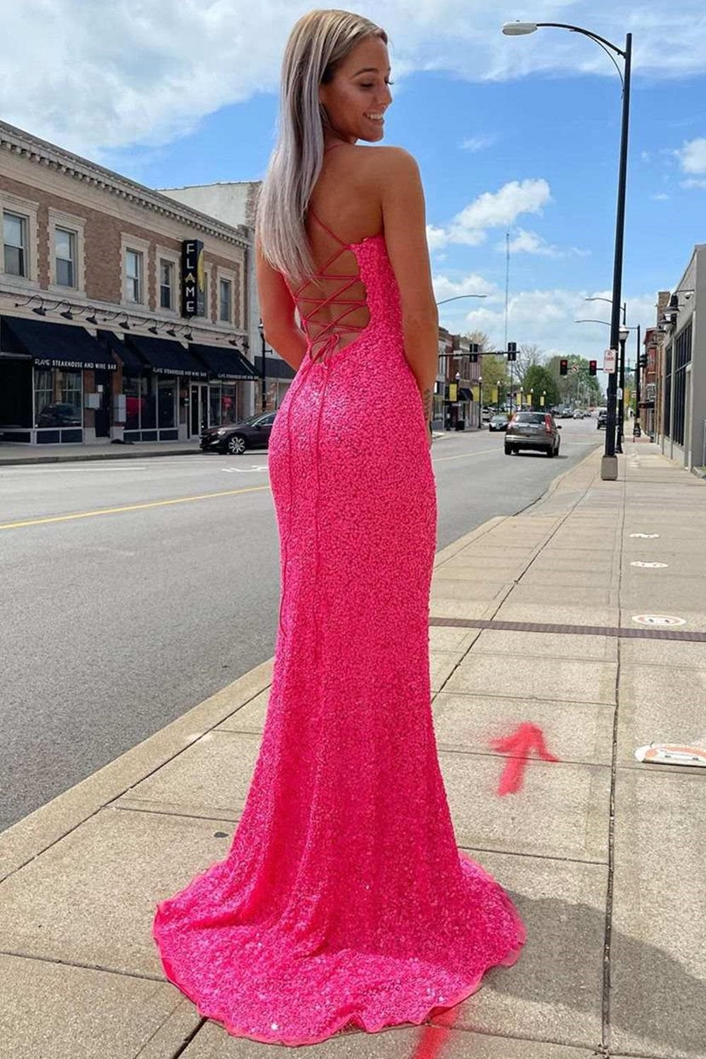 Neon Pink Sequin Mermaid Long Prom Dresses