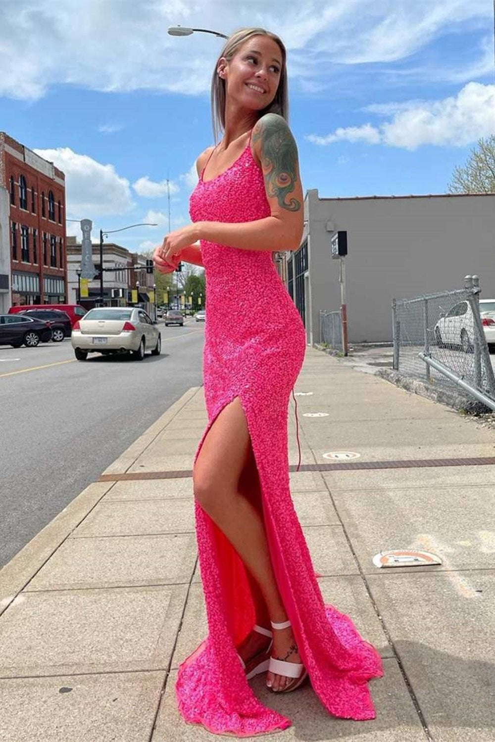 Neon Pink Sequin Mermaid Long Prom Dresses Main image
