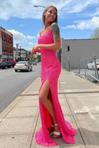 Neon Pink Sequin Mermaid Long Prom Dresses