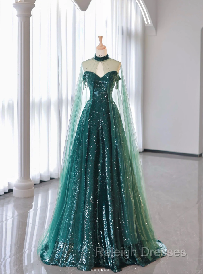 New A-Line Dark Green Prom Dress, Off-The-Shoulder Prom Dress With Cape, Sweeping Tail Prom Dress Secondary image