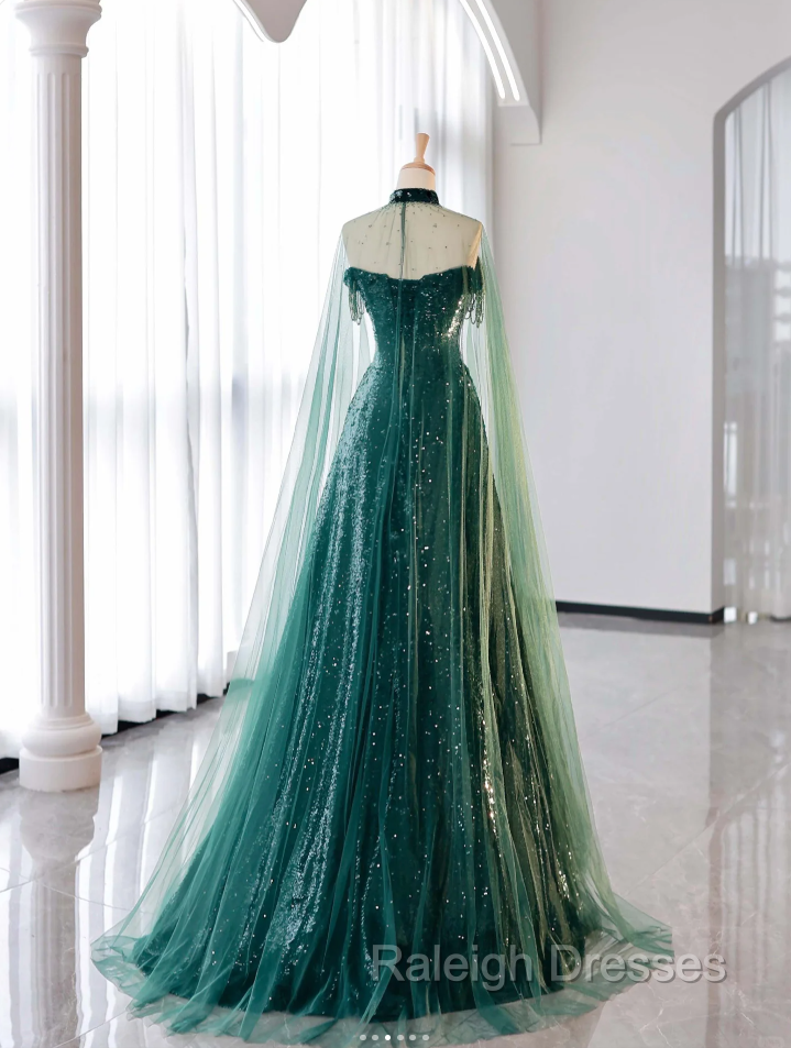 New A-Line Dark Green Prom Dress, Off-The-Shoulder Prom Dress With Cape, Sweeping Tail Prom Dress
