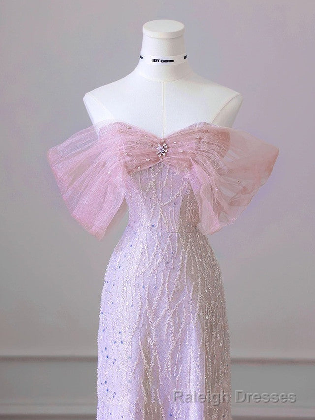 New Arrival A line Off The Shoulder Short Sleeves Pleated Sequin Pink Floor Length Prom Dresses Secondary image