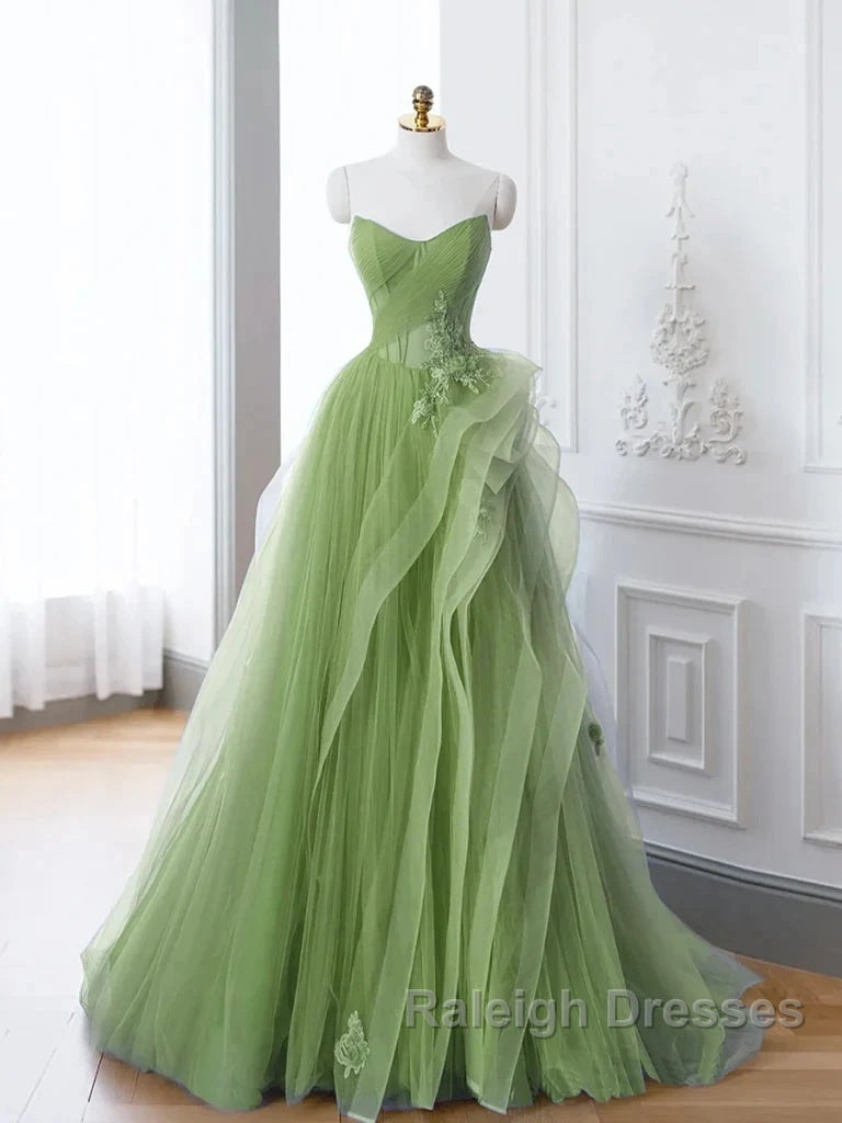 New Arrival A-Line Tulle Lace Green Long Prom Dress, Green Lace Long Formal Dress