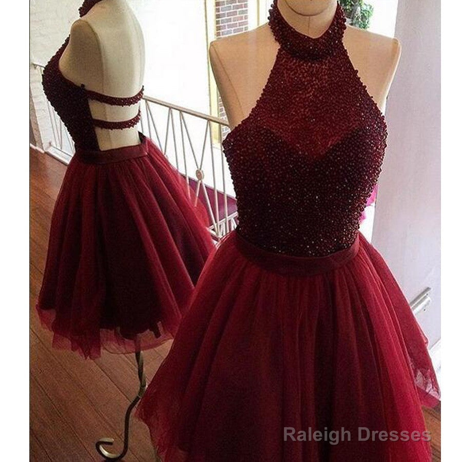 New Arrival Burgundy Halter Beaded Open Back Unique  Homecoming Dress