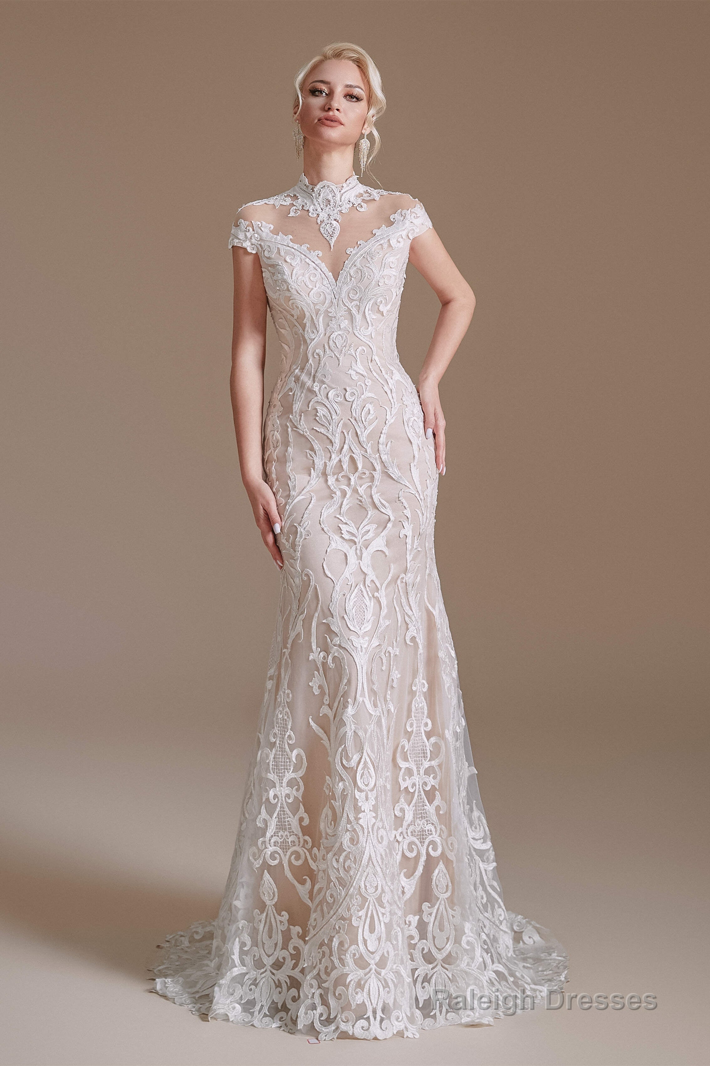 Lace Beading around Neck Wedding Dresses