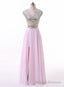 New Arrival Pink Chiffon A Line Boat Neck Cap Sleeves Long Prom Dresses