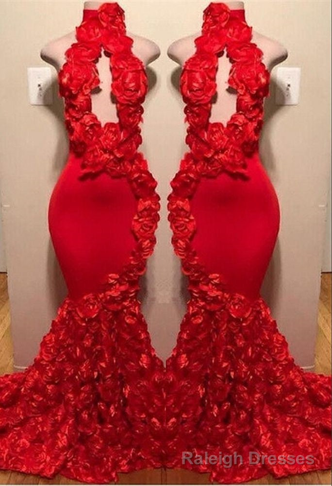 New Arrival Red Keyhole Mermaid Flowers Halter Sleeveless Long Prom Dresses Secondary image