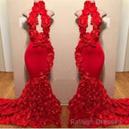 New Arrival Red Keyhole Mermaid Flowers Halter Sleeveless Long Prom Dresses