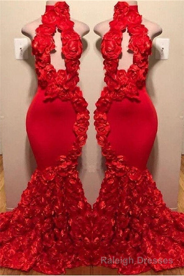 New Arrival Red Keyhole Mermaid Flowers Halter Sleeveless Long Prom Dresses
