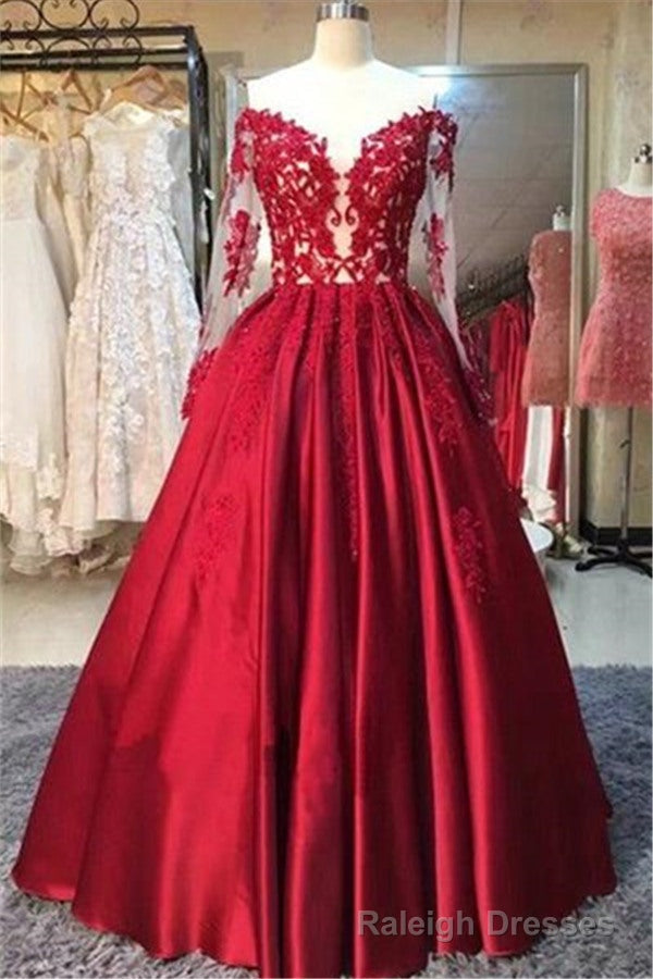 New Arrival Red Prom Dresses Off-the-Shoulder Lace Appliques Long Sleevess Puffy Prom Gown Main image