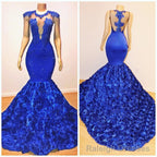 New Arrival Royal-Blue Flowers Mermaid Sleeveless With lace Appliques Prom Dresses