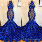 New Arrival Royal Blue Halter Mermaid Prom Dresses Gorgeous Sleeveless Flowers Long Prom Gown