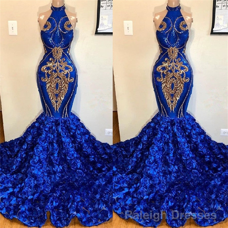 New Arrival Royal Blue Halter Mermaid Prom Dresses Gorgeous Sleeveless Flowers Long Evening Gowns
