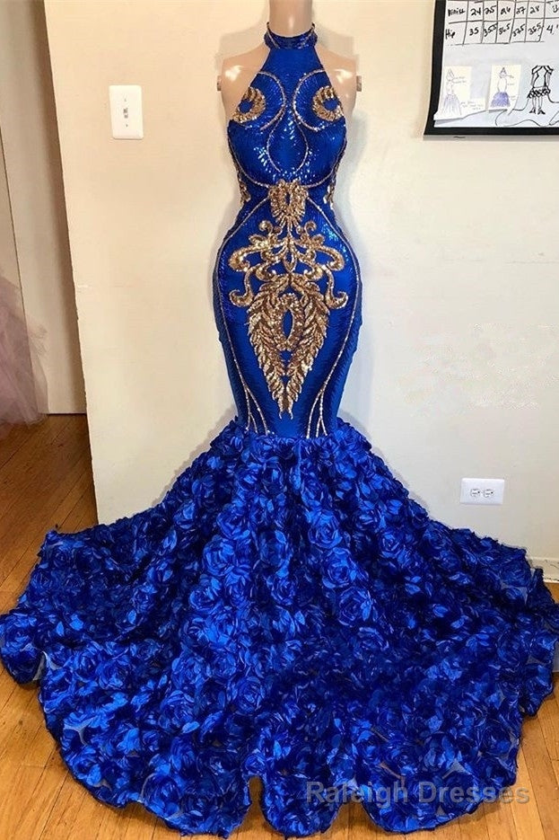 New Arrival Royal Blue Halter Mermaid Prom Dresses Gorgeous Sleeveless Flowers Long Prom Gown Main image