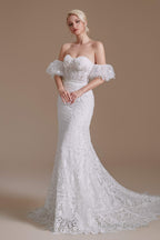 Sweetheart Puff Sleeve Off the Shoulder Lace Long Wedding Dresses