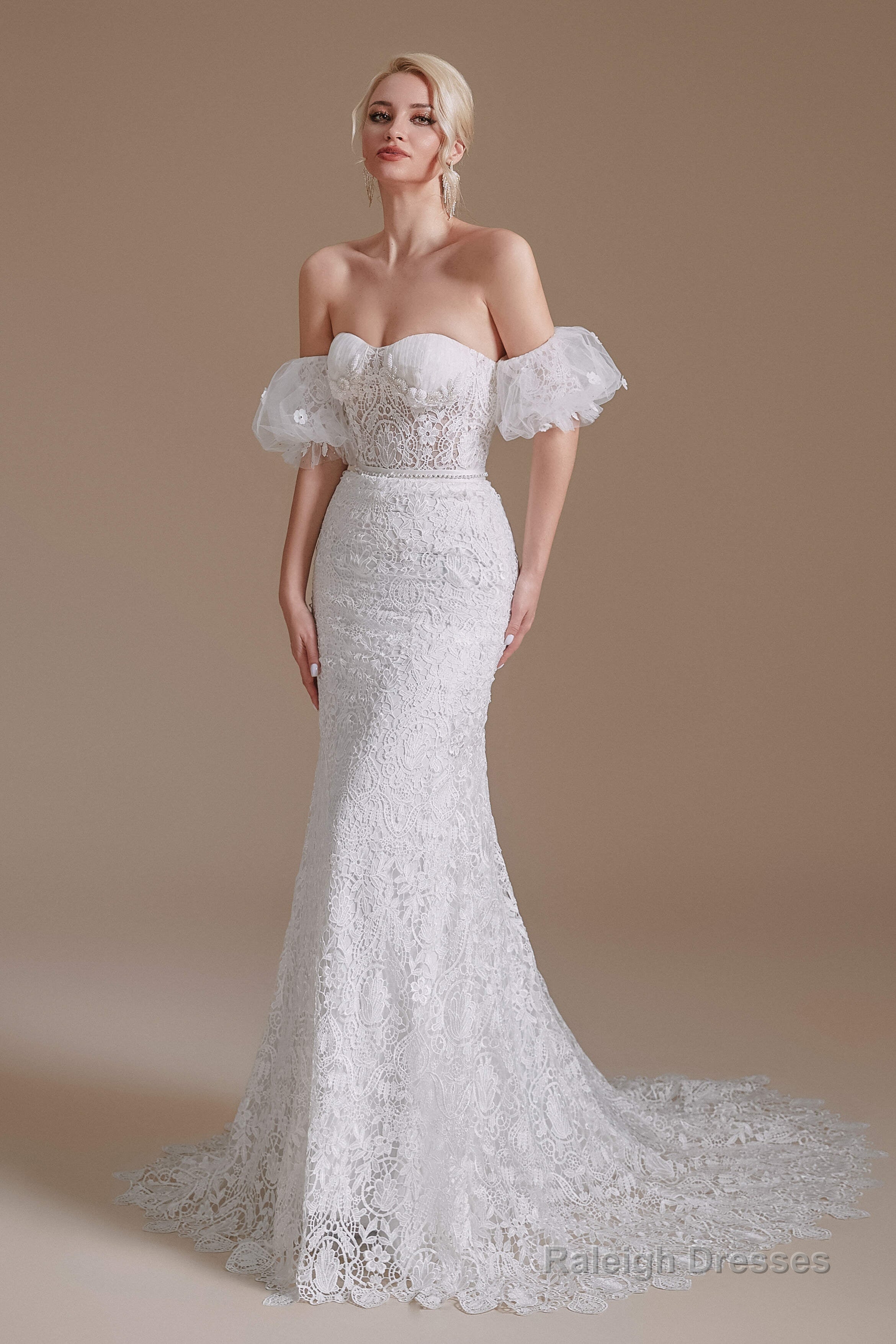 Sweetheart Puff Sleeve Off the Shoulder Lace Long Wedding Dresses