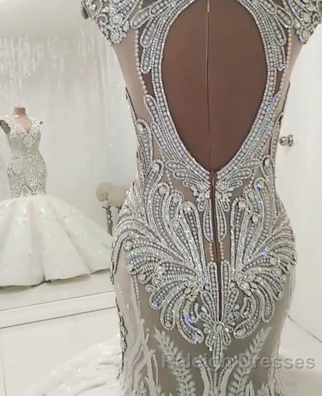 New Arrival V Neck Cap Sleeve Beads Crystals Mermaid Wedding Dresses Lace Applique