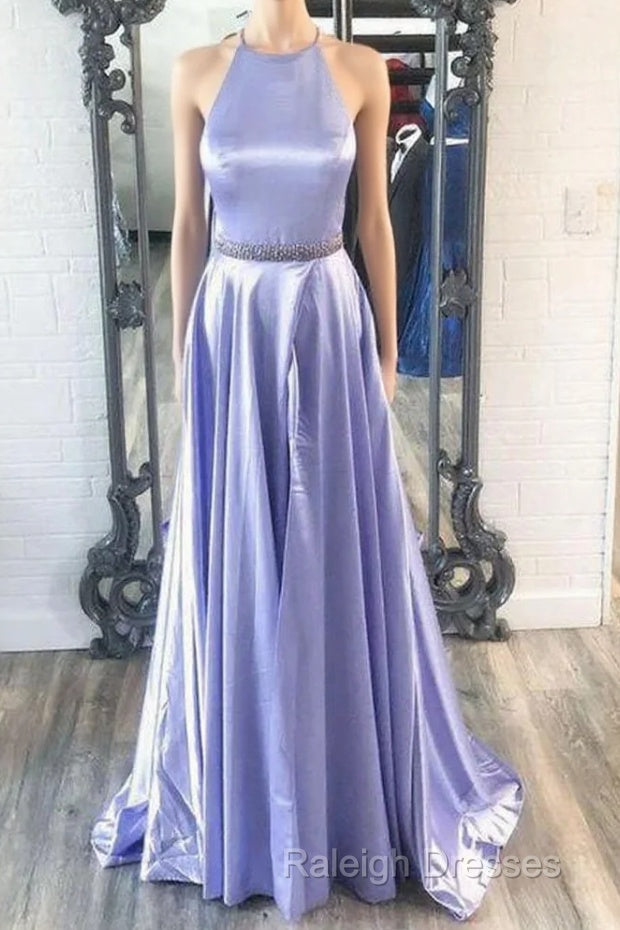 New Brand Lavender Satin A Line O Neck Long Prom Dress, Party Dresses Main image