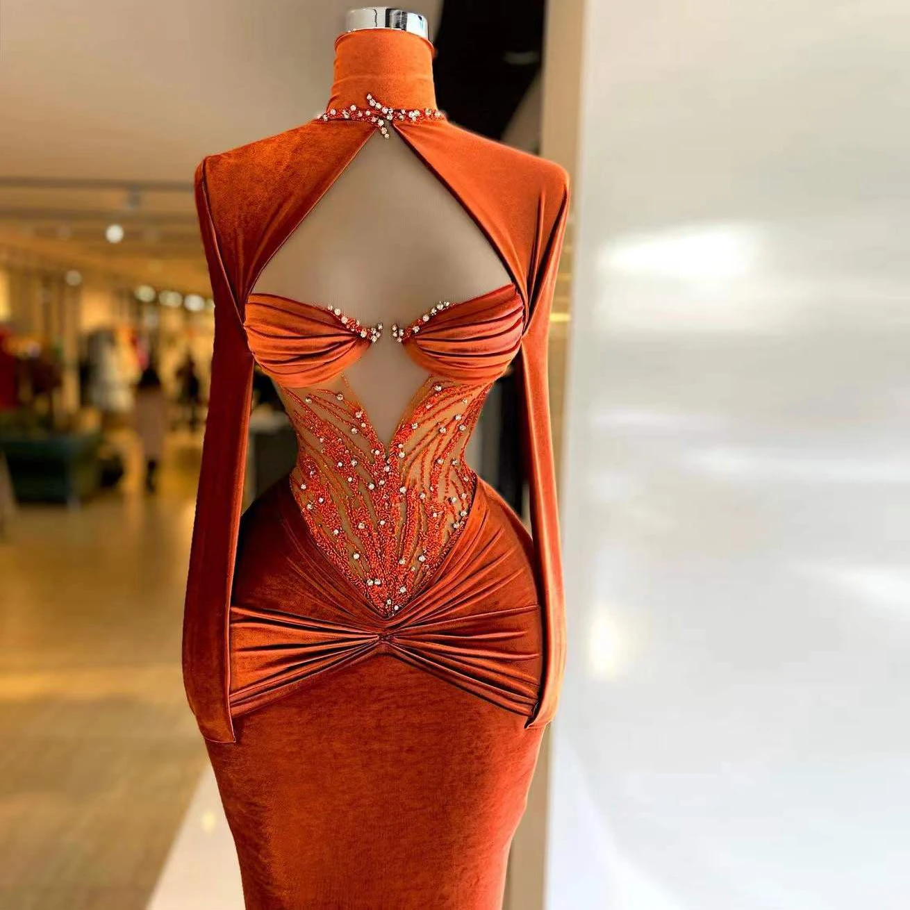 New Elegant Prom Dress Beading Sequined Hight Neck Long Sleeve Pleat Tight Prom Dresses For Ladies Robes De Soir¨¦E Secondary image