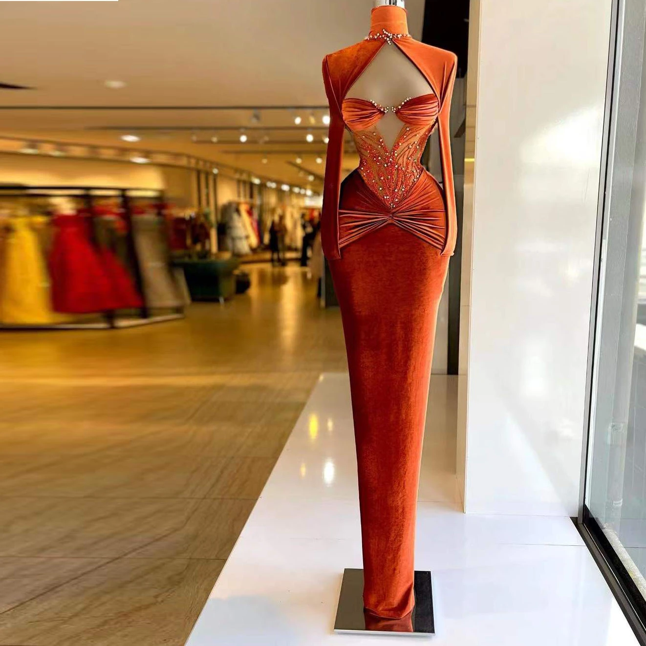 New Elegant Prom Dress Beading Sequined Hight Neck Long Sleeve Pleat Tight Prom Dresses For Ladies Robes De Soir¨¦E Main image