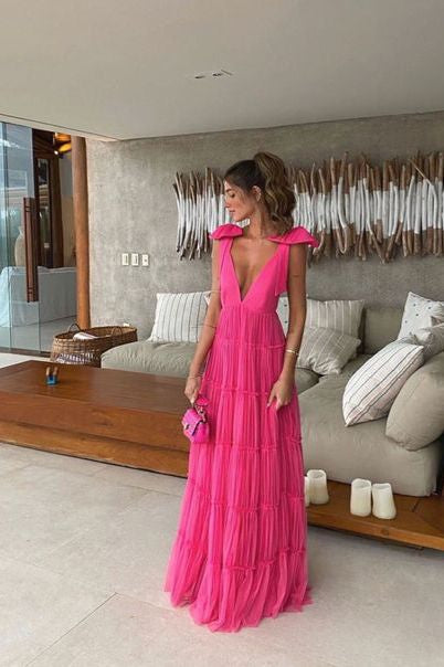 New Hot Pink Backless Prom Dresses Long V Neck Prom Gowns