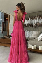 New Hot Pink Backless Prom Dresses Long V Neck Prom Gowns