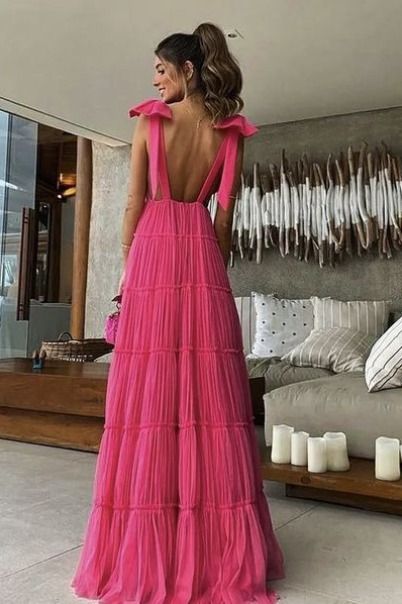 New Hot Pink Backless Prom Dresses Long V Neck Prom Gowns