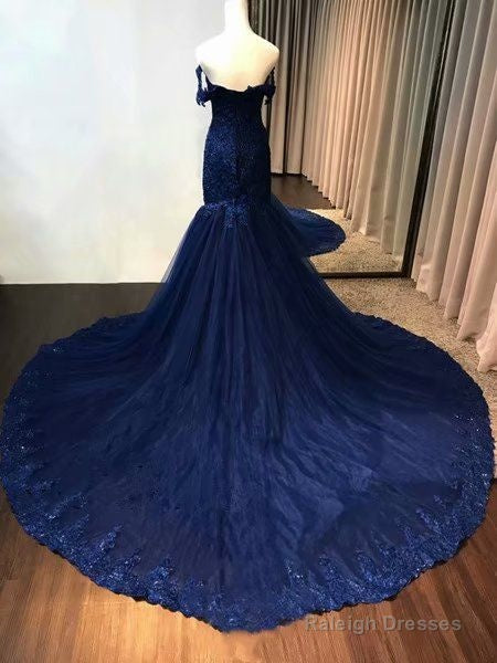 New Lace Navy Blue Prom Dresses Tulle Vintage Evening Dress Off The Shoulder Secondary image