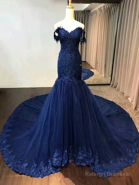 New Lace Navy Blue Prom Dresses Tulle Vintage Evening Dress Off The Shoulder Main image