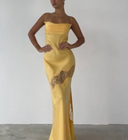 Yellow New Lace Spaghetti Straps Sexy Backless Mid-Length Elegant Satin Prom Dress Evening Dress Party Dress