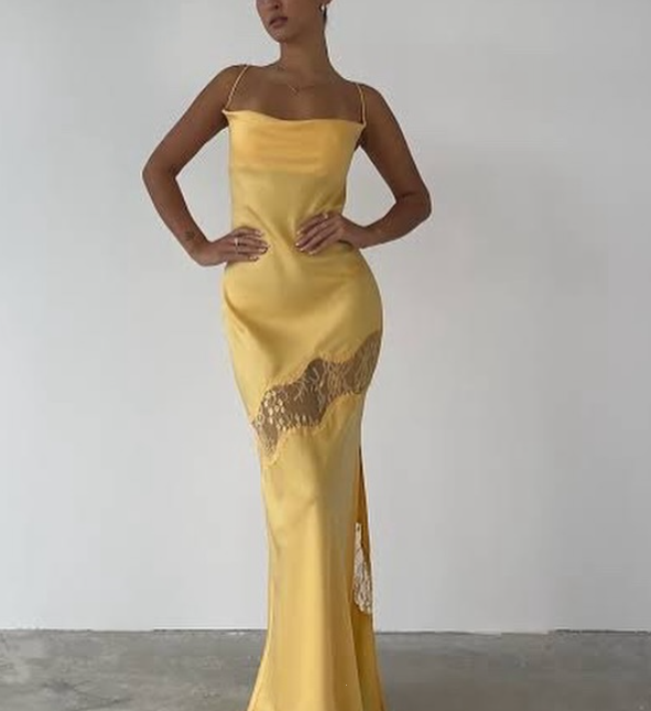 Yellow New Lace Spaghetti Straps Sexy Backless Mid-Length Elegant Satin Prom Dress Evening Dress Party Dress