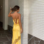 Yellow New Lace Spaghetti Straps Sexy Backless Mid-Length Elegant Satin Prom Dress Evening Dress Party Dress